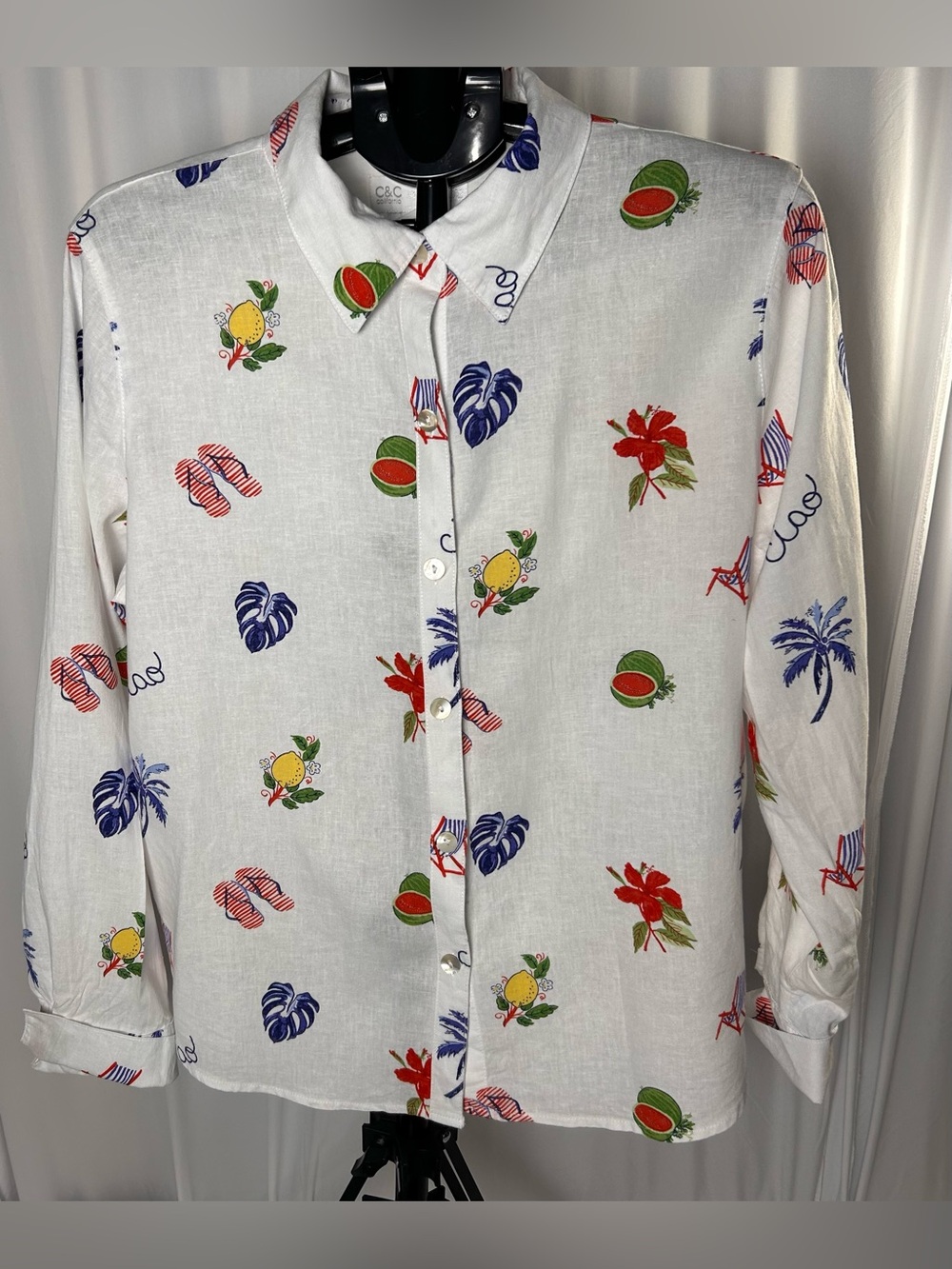 C&C California White Button-Down Shirt with Multicolor Tropical Motif